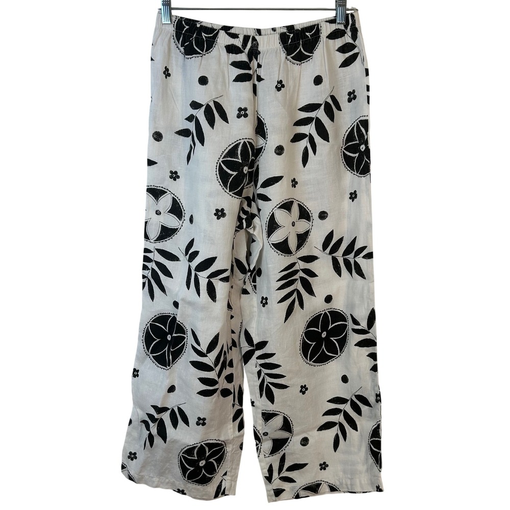 Hot Cotton by Marc Ware Linen Wide Leg Pants White Black Floral Print Large USA